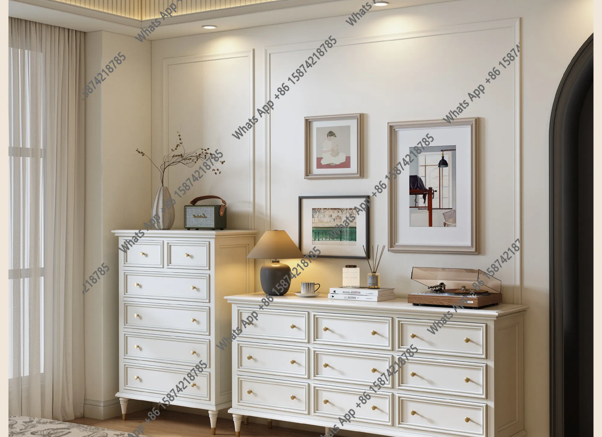 French solid wood five, seven, eight, nine, chest of drawers, bedroom, white cabinet, wall light luxury, American bedside storag