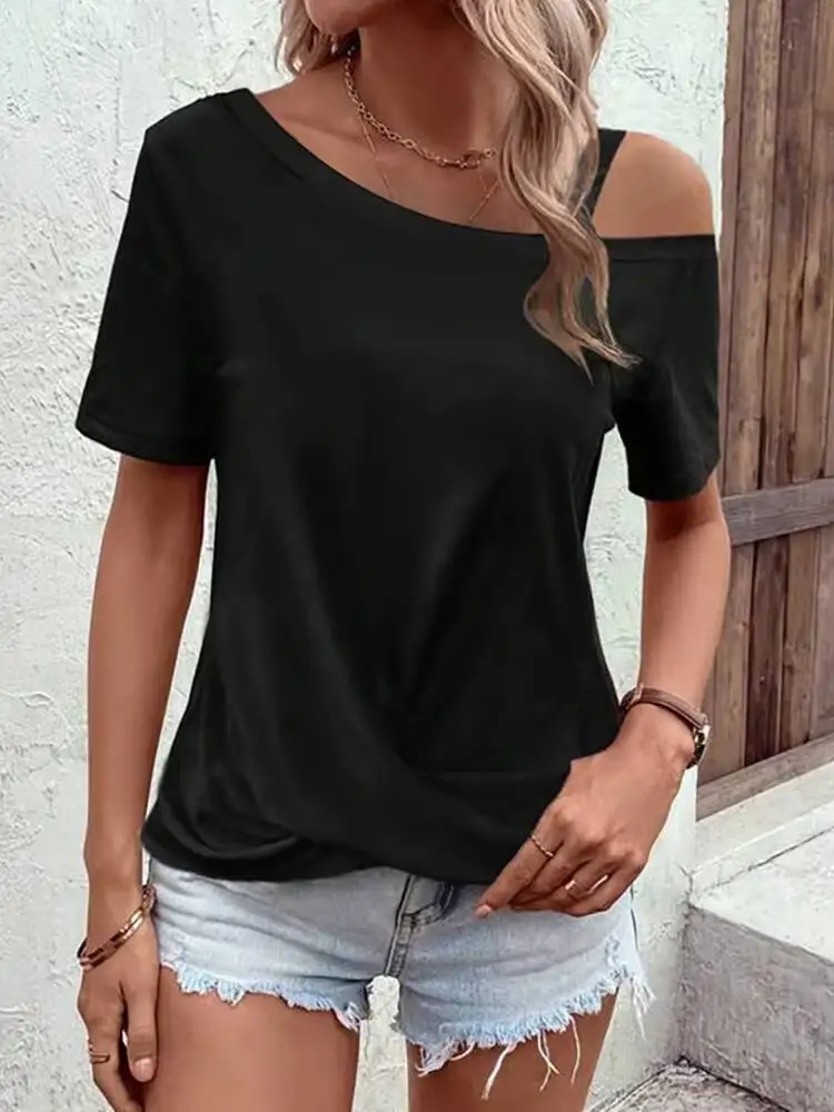 Women's T-Shirt Spring Summer Black One Shoulder Short Sleeve Twisted Hem Loose Sleek Stylish Daily Casual Fashion Top