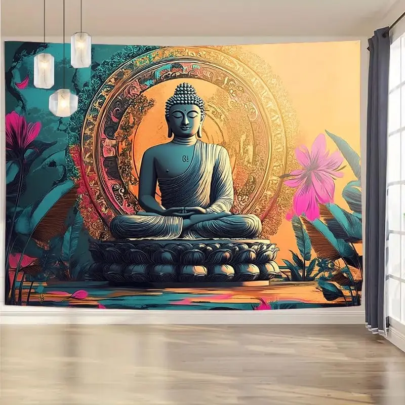 Golden Buddha Meditation Tapestry Zen Spiritual Wall Art Mandala Psychedelic Decor for Bedroom Living Room Yoga Space