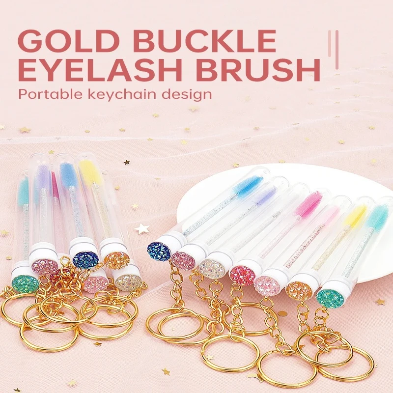 10pcs Golden Keychain Tube Lash Brush Disposable Mascara Wand Portable Eyebrow Eyelash Comb Cosmetic Tool for Daily Use