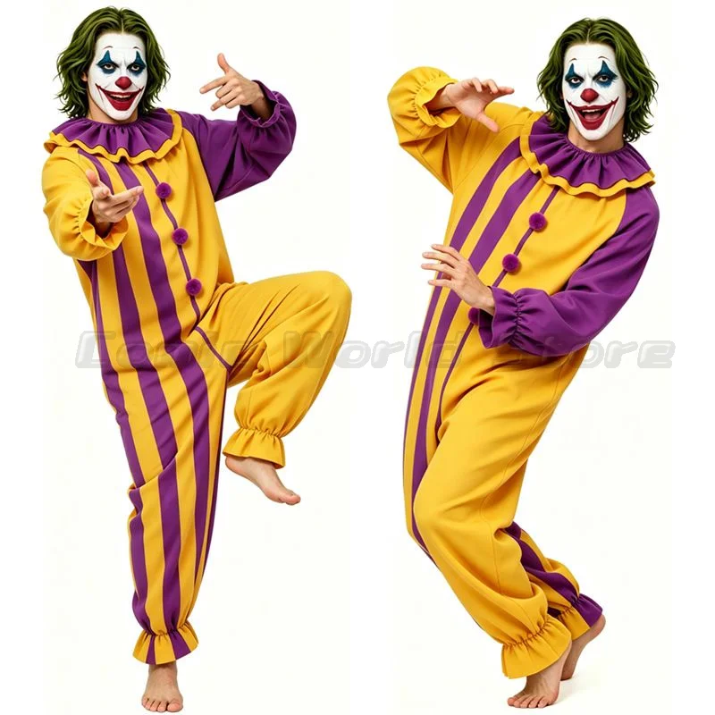 Disfraz clásico de payaso para adultos, mono de manga larga a rayas, cuello con volantes, atuendo de circo para carnaval, disfraz para fiestas de Halloween y eventos de cosplay.