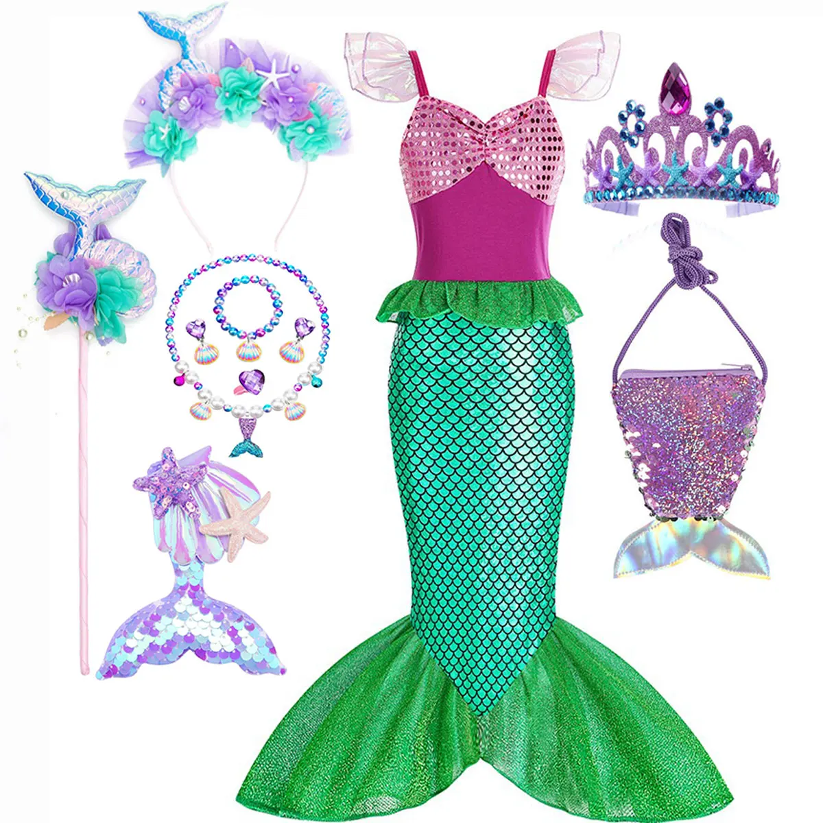 Ariel Girl Little Mermaid Costume Halloween Kid Dress For Girls Children Carnival Birthday Party Clothes Cosplay Mermaid Dress