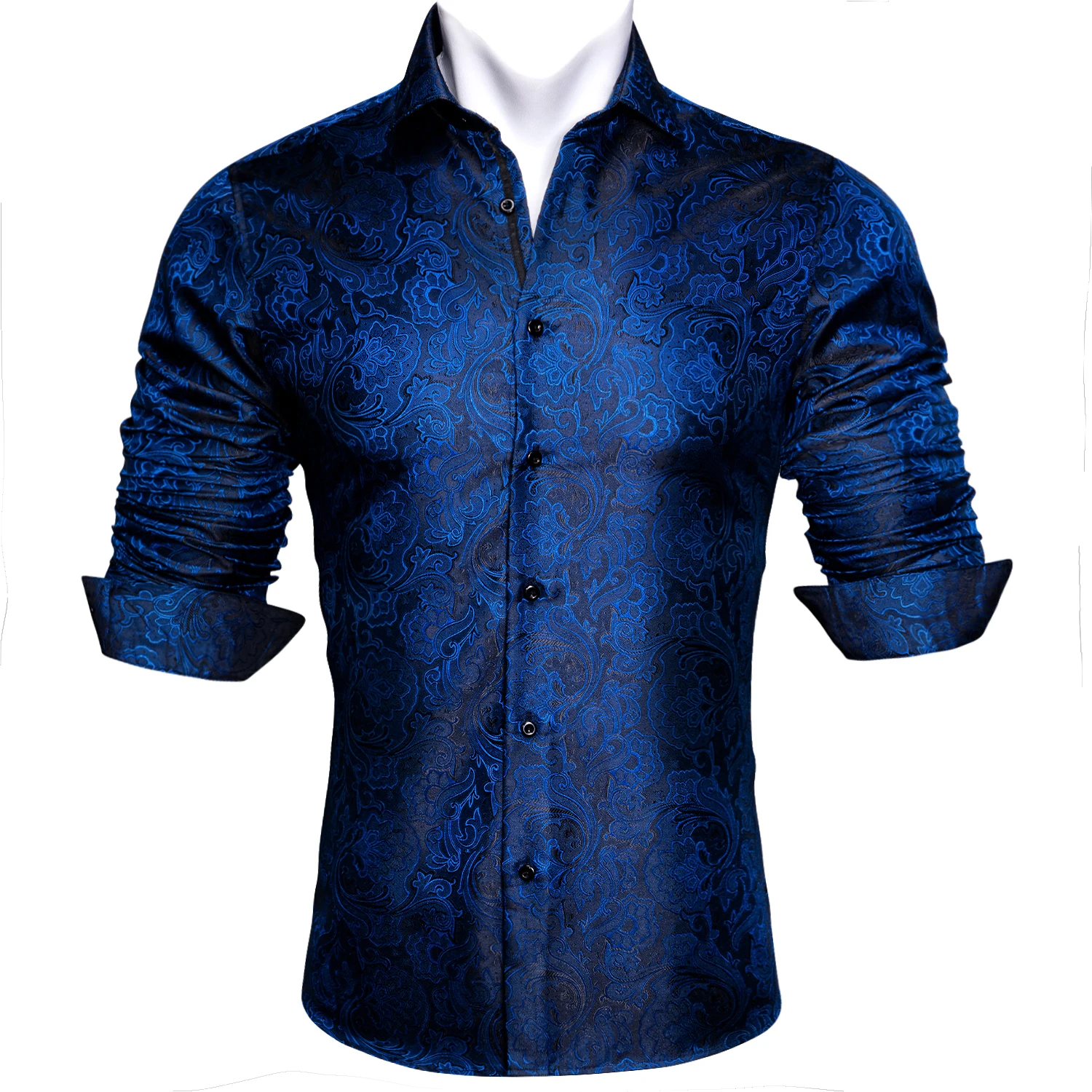 Designer Silk Shirts for Men Blue Black Red Green White Gold Pink Brown Purple Paisley Flower Long Sleeve Spring Slim Tops