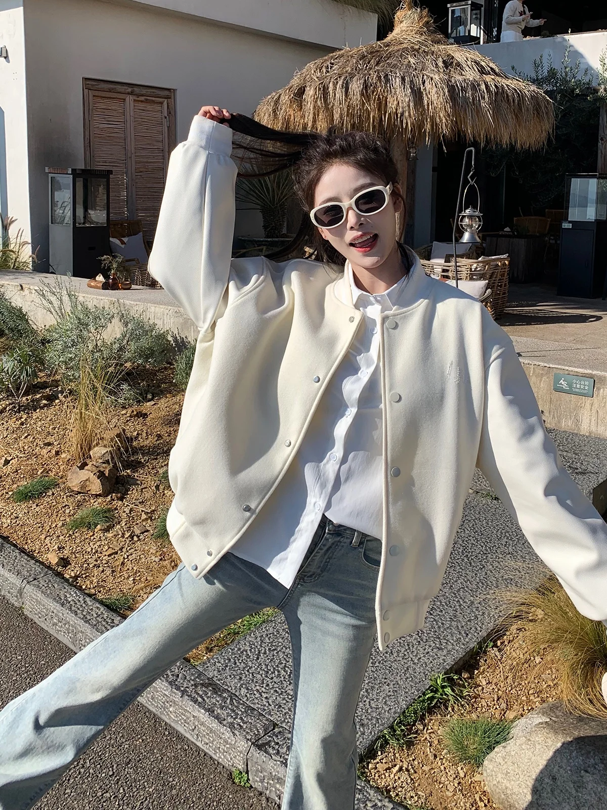 Women's Baseball Jaet Flight Sle Letter Splicing PU Leather Bubble Bead Autumn Winter New Coat Loose Fit Long Sve Butt...