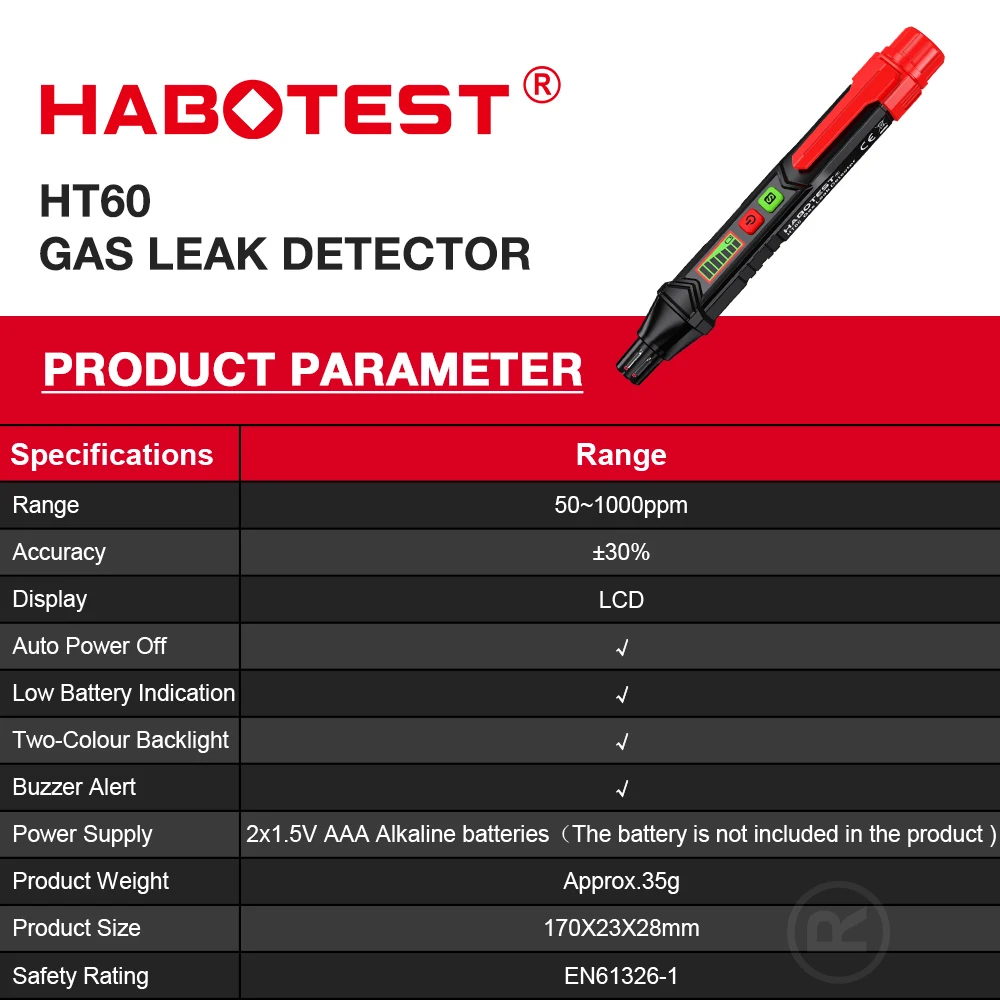 HT60 50-1000ppm Natural Gas Leak Detector with Audible & Visual Alarm, Portable Gas Sniffer LCD Display Combustible Gas Detector