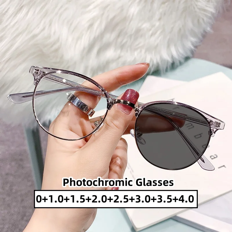 

Luxury Photochromic Reading Glasses for Women Men Trendy Round Frame Presbyopia Men Unisex Anti-blue Far Sight Eyeglasses