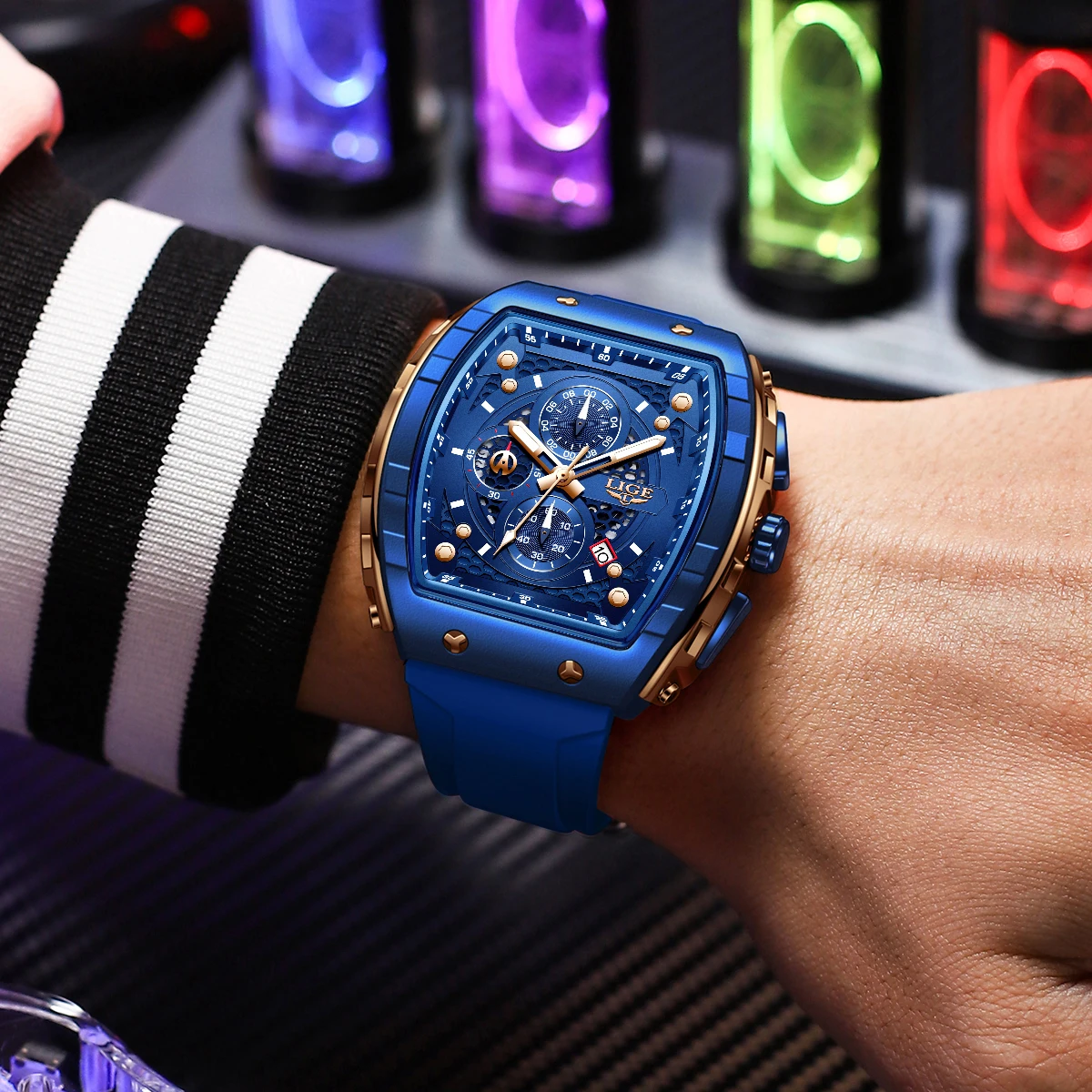 Reloj de pulsera LIGE para hombre, cronógrafo deportivo de silicona azul, relojes de cuarzo luminosos resistentes al agua para hombre, reloj con calendario automático