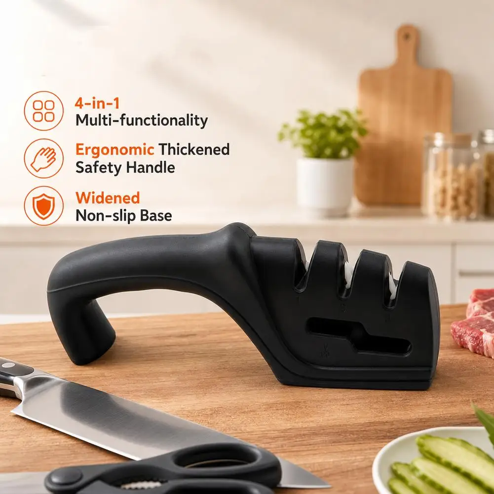 Kitchen Knife Sharpener 4 in 1 Handheld Scraper Tool Ergonomic Grip Multi Stage System for Household Kitchen Knives and Scissors