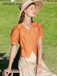 I BELIEVE YOU Womens Tops New Pullover 2023 Summer Puff Sleeves Casual  Women Shirts & Blouses Orange Women Clothing 2231055001