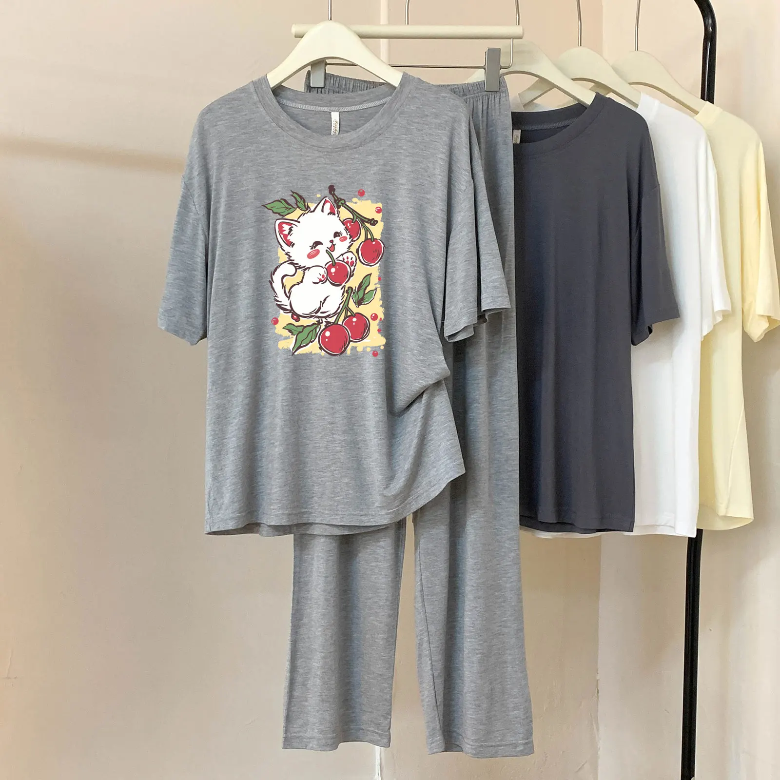 

DC108 # Женский пижамный комплект из двух предметов с короткими рукавами из модала и кролика с мультяшным принтом, весенний комплект