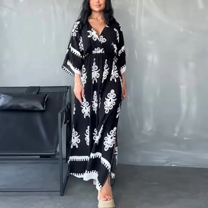 Vintage Dresses Woman Summer V Neck A-Line Long Dress Women Casual Printed Beach Holiday Dress Boho Party Dresses