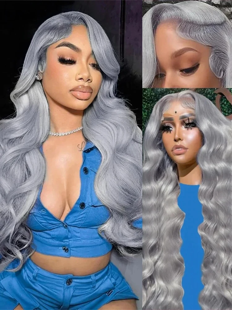 باروكة من شعر طبيعي رمادي فضي مموج 13x6 باروكة أمامية من الدانتيل شعر فيتنامي خام للنساء يمكن تصفيفه شعر مستعار ملون فيتنامي