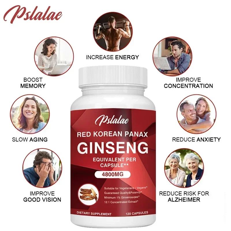 Premium Korean Red Ginseng 4,800 Mg 120 Vegetarian Capsules (2 Month Supply) Non-GMO, Extract 12:1, Gluten-Free