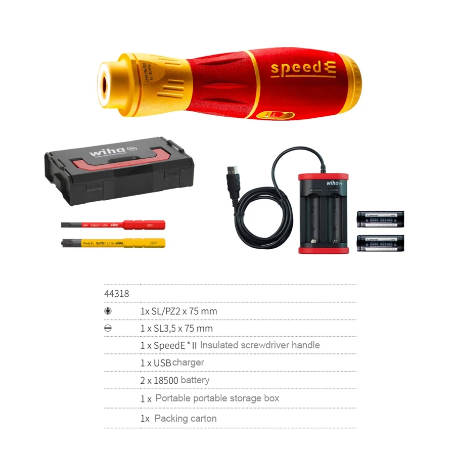 WIHA 44318 7Pcs Electric Screwdriver Set SpeedE II with SlimBits, Batteries and USB Charger in L Boxx Power Impact Driver 44548