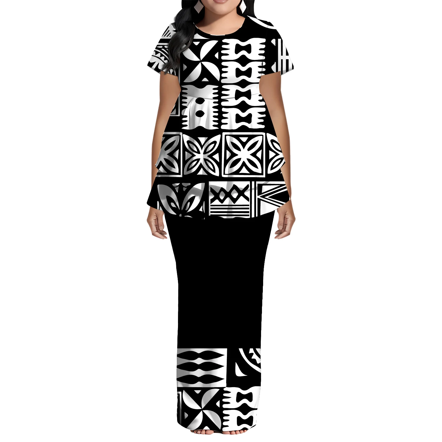 ポリネシアの伝統的な女性用プネタシ、サモア島の部族デザイン、高品質の半袖フィッシュテールトップスとスリムフィットスカート