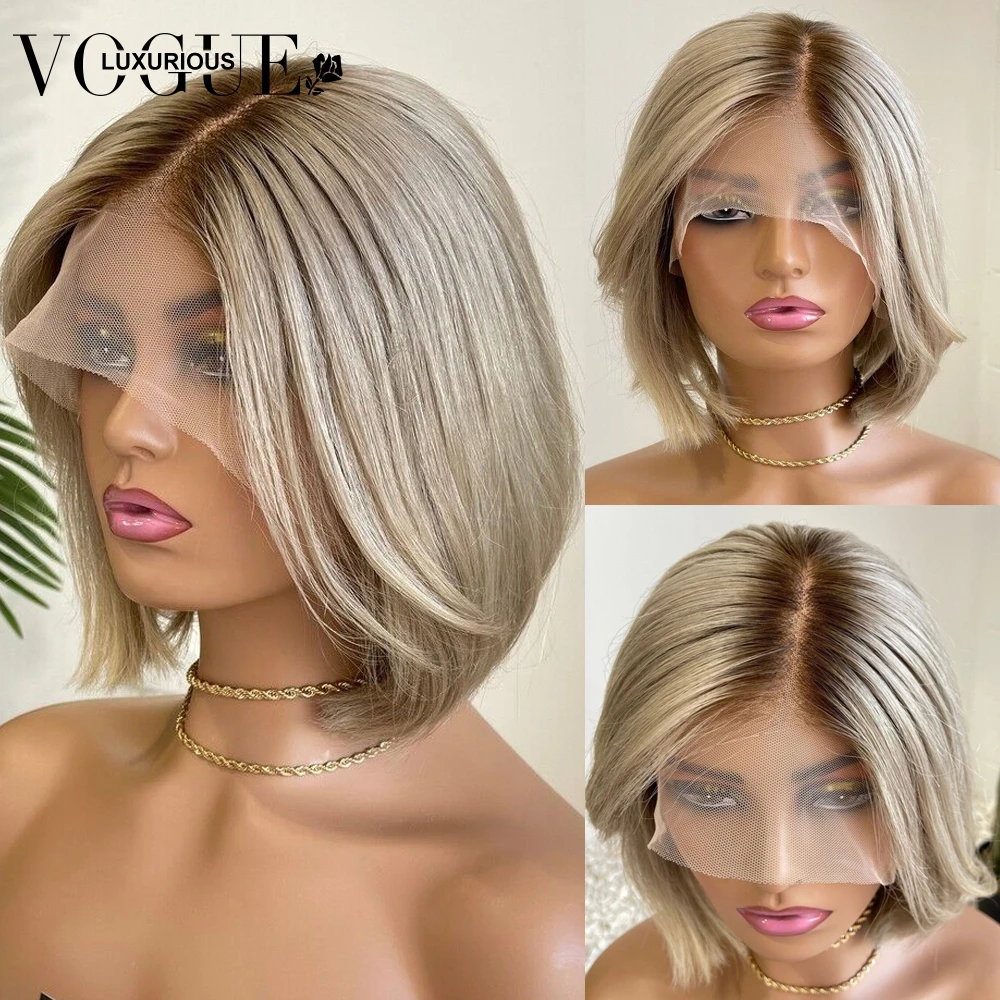 Ombre Ash Blonde Colored Wigs Brazilian Virgin Human Hair Silky Straight Wig Preplucked  13x4 13x6 Transparent Lace Frontal