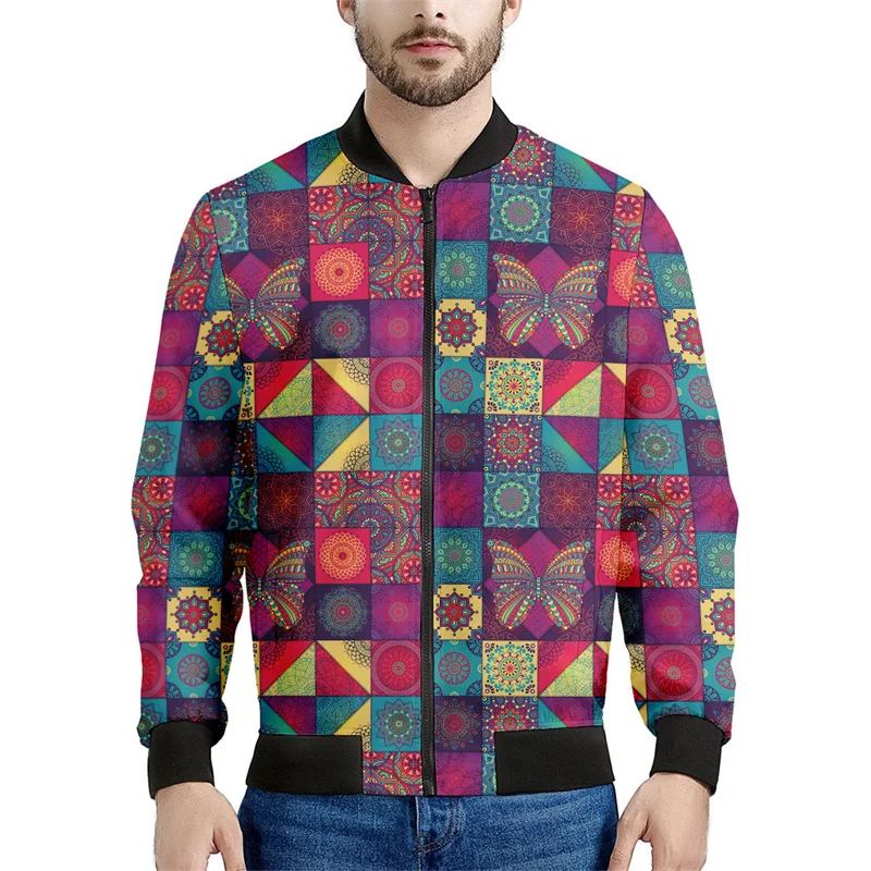 Bohemian Mandala Patchwork 3d Printed Jacket Men Spring Autumn Floral Pattern Sweatshirts Tops Long Sleeves Bomber Zipper Coats