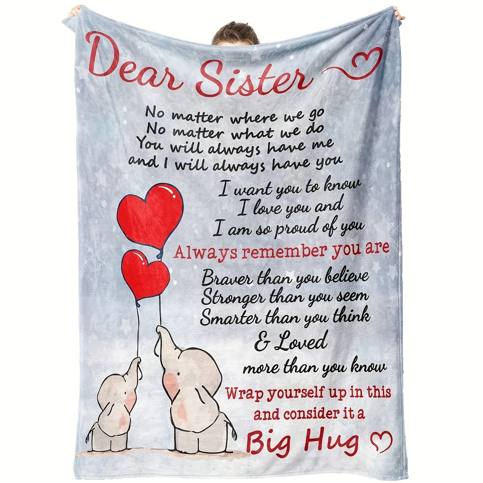 Newest Dear Sister Elephant Inspirational Quote Flannel Throw Blanket, Heart Balloon Letter Blanket Meaningful Sister Gift