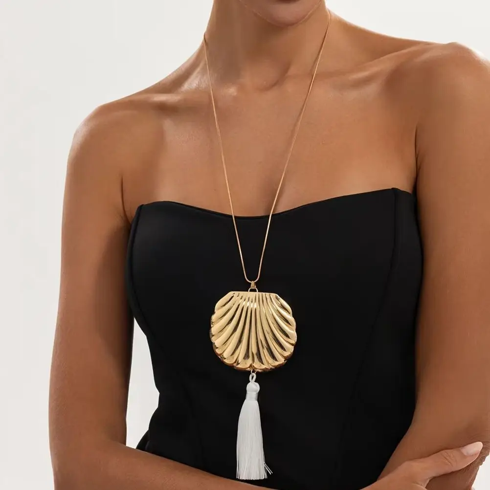 IngeSight.Z Trend Punk Metal Big Conch Tassel Pendant Necklace Women Simple Adjustable Sweater Long Thin Chain Jewelry Accessory