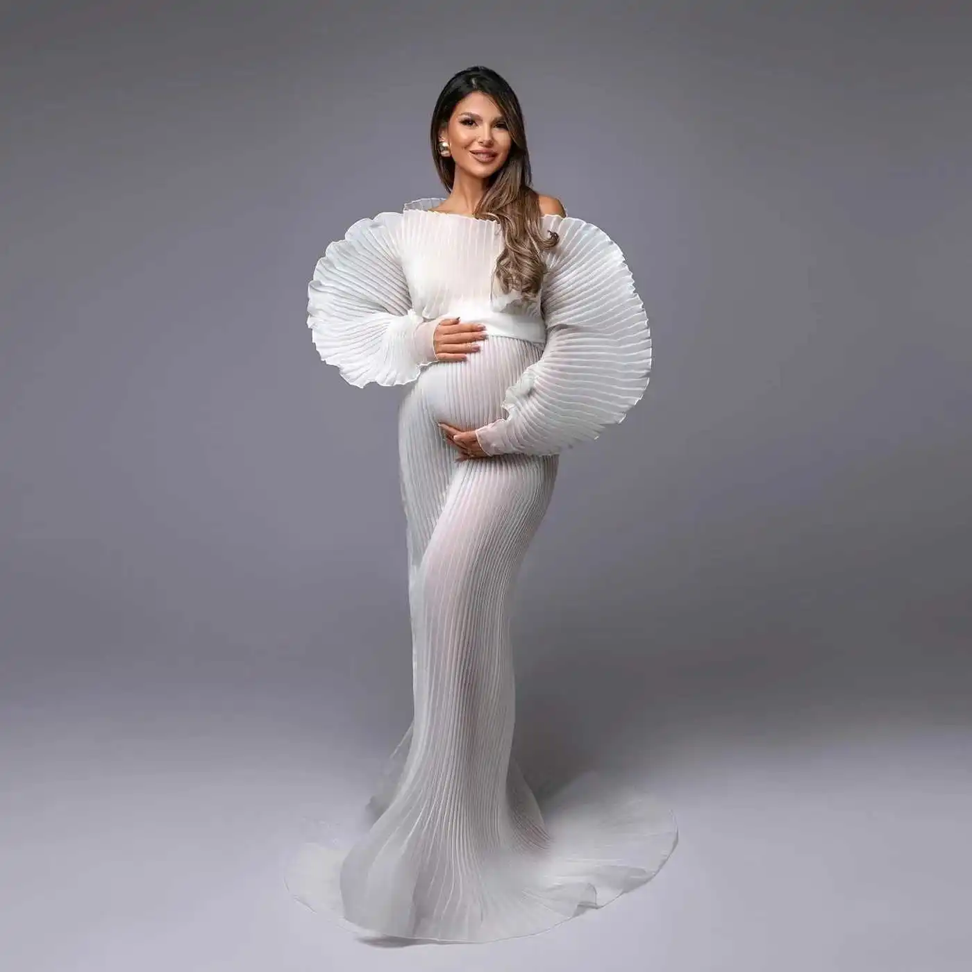 Fashion See Thru Folds Long Maternity Photography Dresses Pleated A-line Women Babyshower Dress Maxi Robe Custom Made