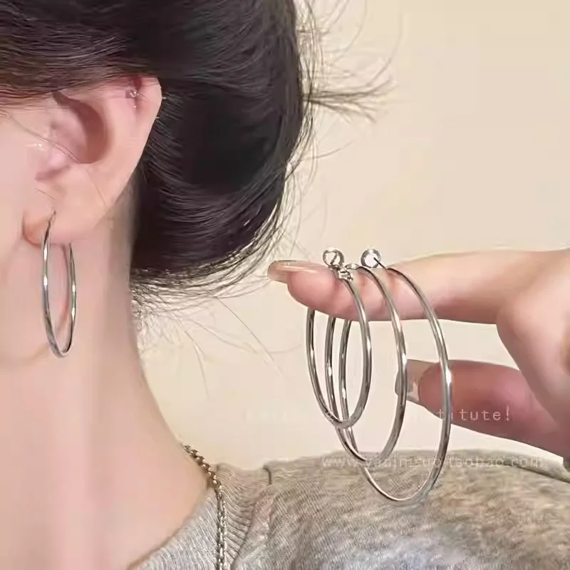 Silver Matte Hoop Earrings for Women 2026 New Hot Round Ear Accessories, Lightweight Luxury, Stylish Exaggerated Hoops and Ear C