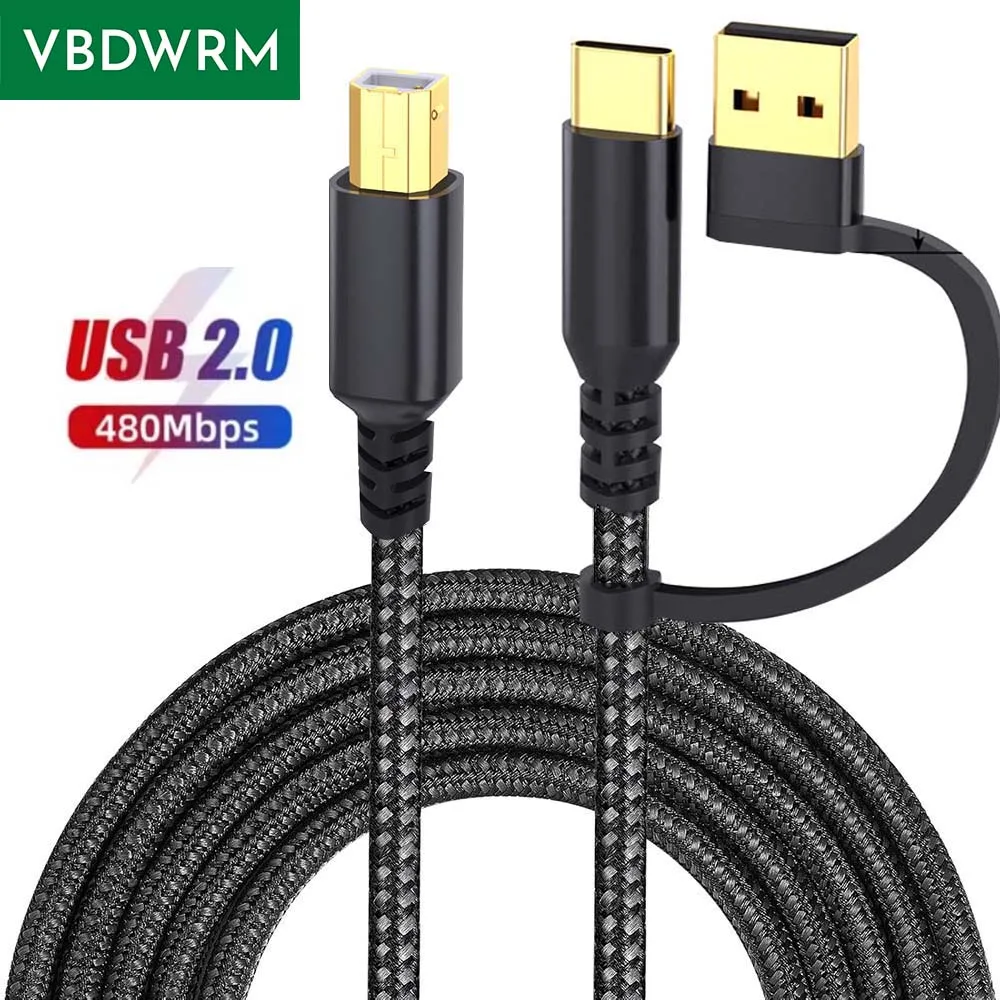USB C Printer Cable 2-in-1 USB A or Type C to B Male Printer Cord for HP Zebra Brother Epson Dell USB Printer Scanner Cable