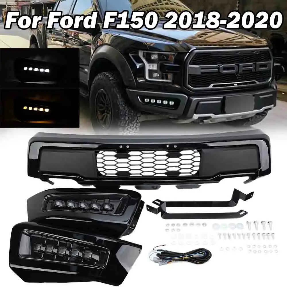 car accessories For Ford F-150 2018-2020 Front lower Bumper Grilles with LED DRL Daytime running light Fog Lamp Cover headlight