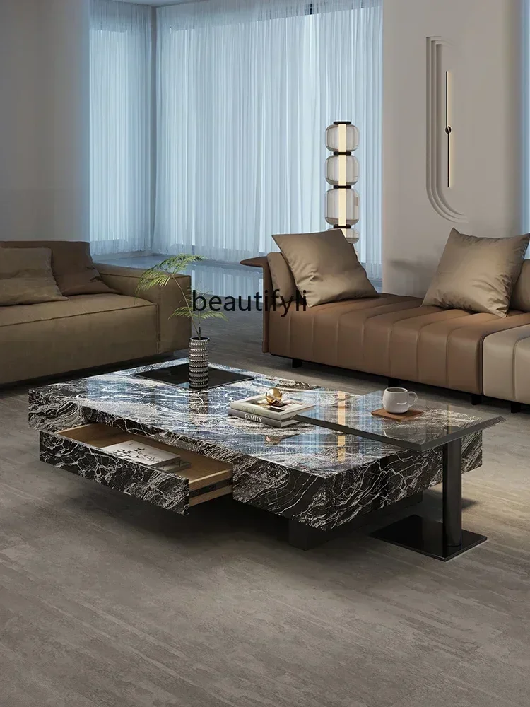 

cn8617 ss A итальянский минималистичный журнальный столик из каменной плиты, комбинированный журнальный столик для хранения, высококачественный светильник, роскошный квадратный журнальный столик для гостиной