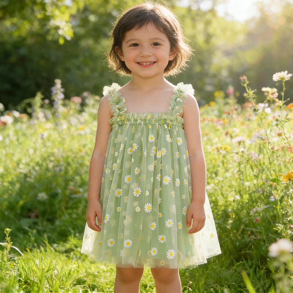 Neues Baby-Mädchen-Kleid, modische Hosenträger, Stickerei, kleine Gänseblümchen, süße süße Prinzessin, Kleider für den 1. Geburtstag, Mädchen-Rock, Geschenk