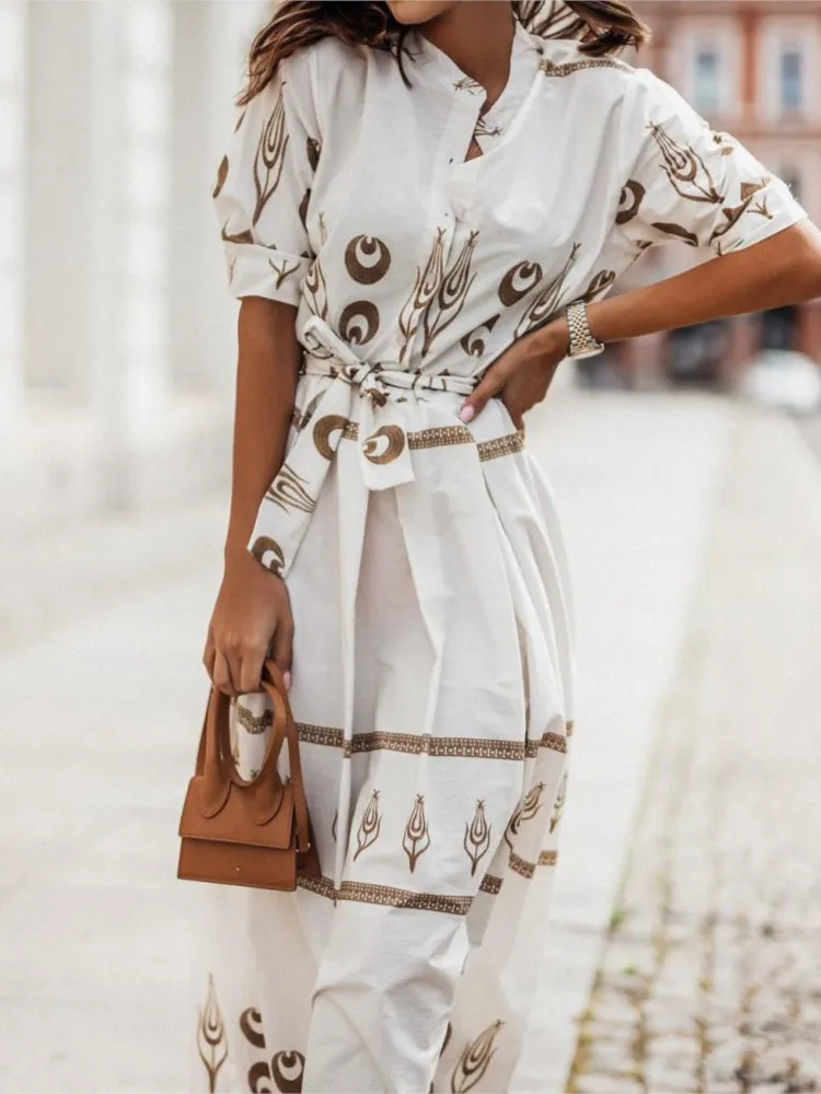 

Elegant Print Dress Lady Fashion Short Sleeve High Waist Lace-up Loose Dresses For Women Casual Holiday Womens Clothing Summer