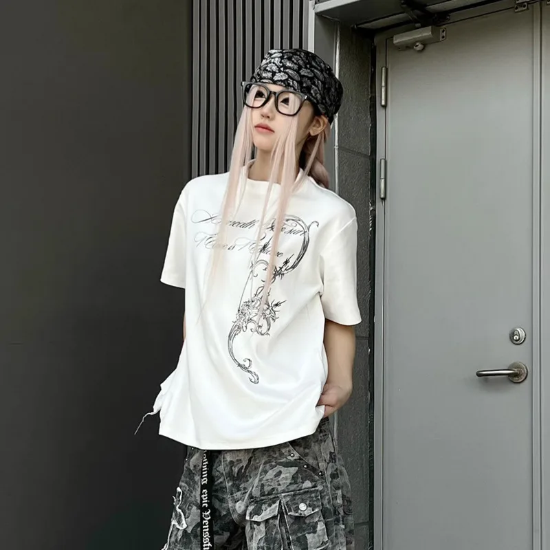 ANJY Summer New Women American Style Fashion Pattern Print Short Sleeve T-shirt Trend Casual O-Neck Pullover Fit Ins Tees A21470