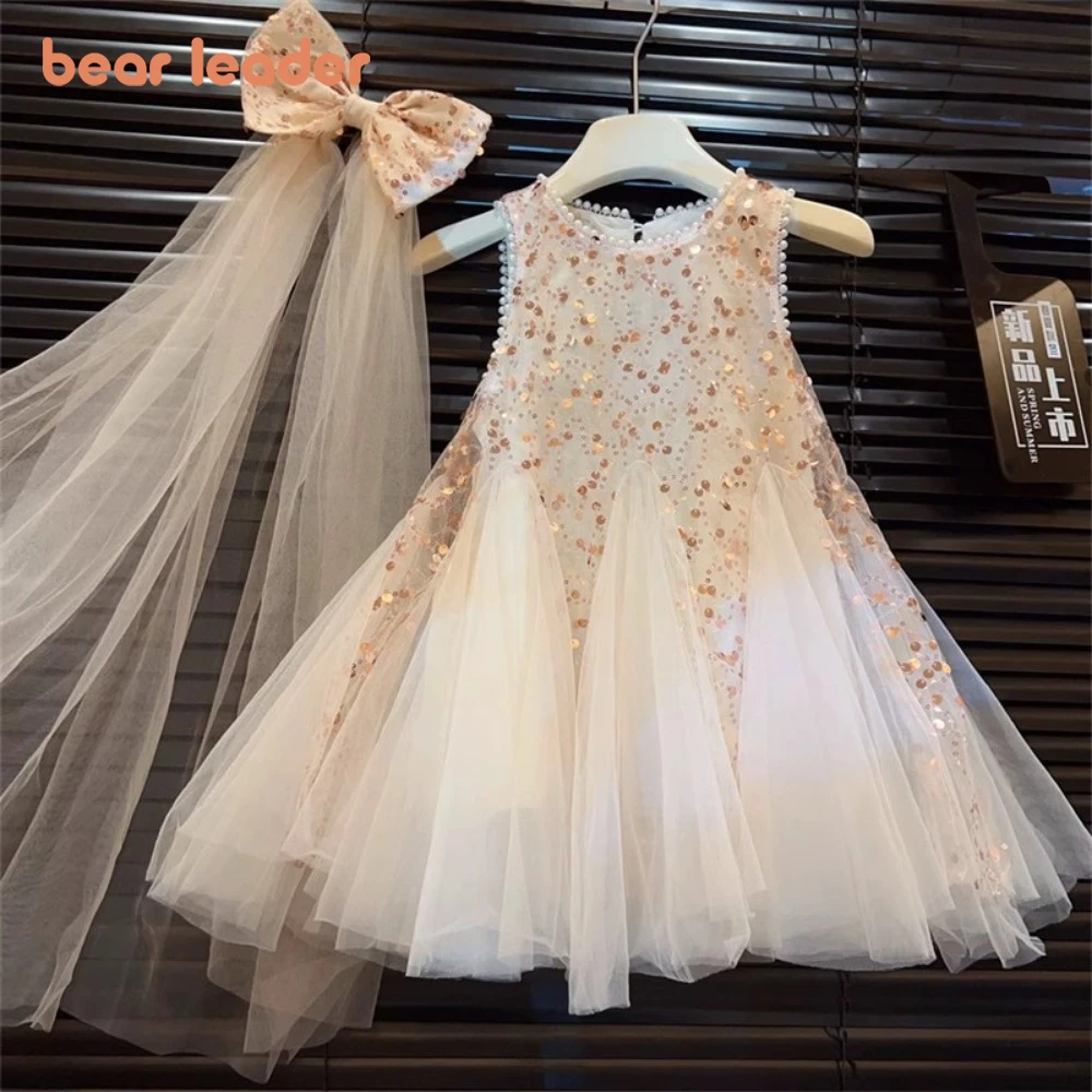 Bear Leader Summer Korean Version Girls Sequined Sleeveless Dress Patchwork Mesh Princess Dresses Wedding Party Kids Clothes+Bow