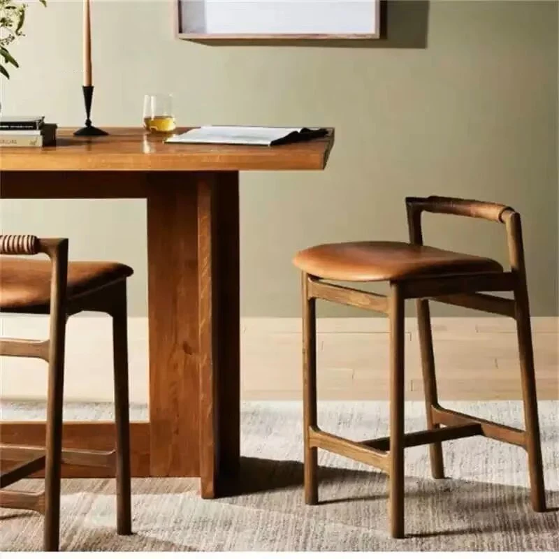 

Дизайнерские барные стулья из массива дерева, простые современные высокие стулья в стиле ретро, винтажная скандинавская кожаная спинка, домашний островной табурет, барная мебель A