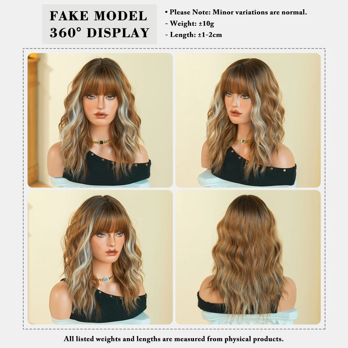7JHH WIGS Shoulder Length Water Wave Golden Brown Wig for Women Modest Fashion Synthetic Highlight Beige Wigs with Neat Bangs - view 5