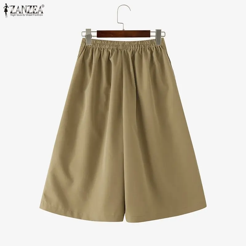 ZANZEA Women's Casual Wide-Leg Pants Elastic Back Waist Solid Loose Mid-Calf Length Trousers Fashion Streetwear Cropped Pant