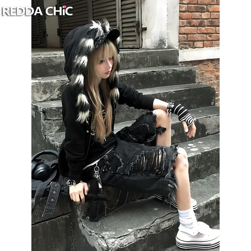

ReddaChic Stitch Raw Hem Cargo Jean Shorts Women Black Denim Wide Leg Ripped Zipper Bermuda Pants Harajuku Dark Punk Streetwear