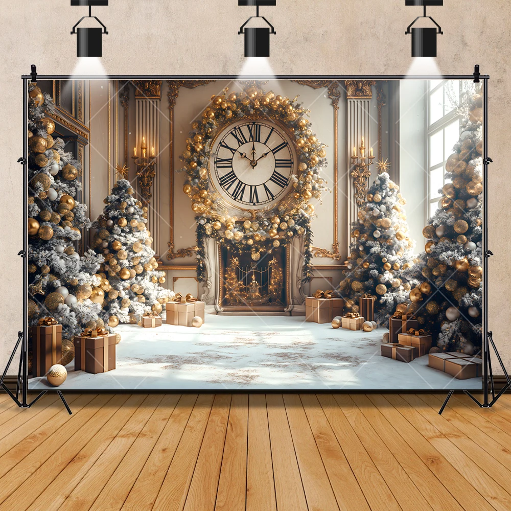 2024 New Christmas Photography Background Custom Winter Gold Clock Xmas Tree Indoor Family Party Decoration Backdrop Banner Prop