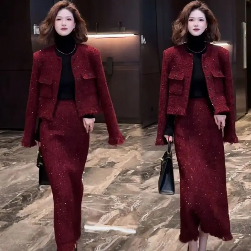 

Высококачественный светский комплект, юбка, женский весенне-осенний наряд, новая корейская версия, куртка, длинная юбка до половины тела, комплект из двух предметов