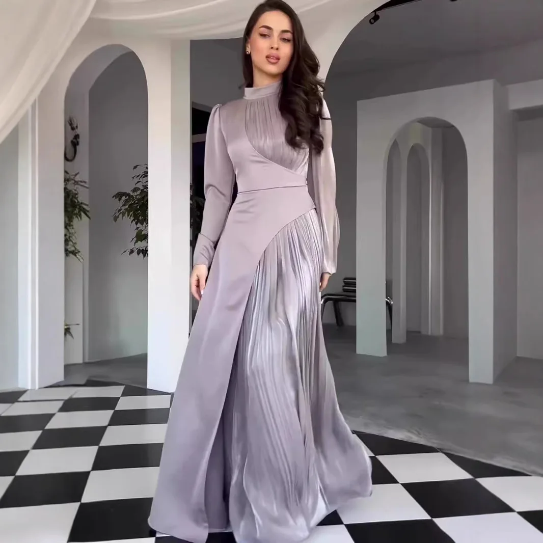 Vestido de noche elegante de sirena, manga larga, cuello alto, gasa, volantes, tren de barrido, vestido de invitados de boda a la moda, personalizado gratis 2025