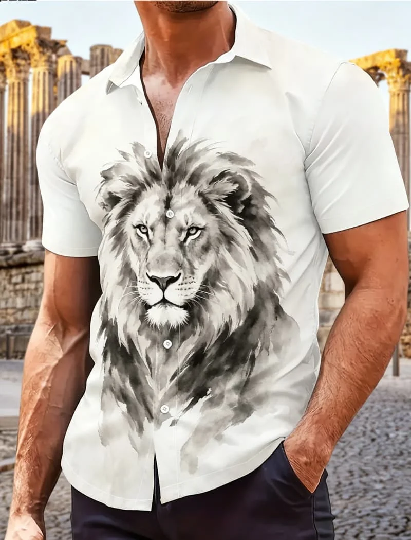 

Men's Beast Print Short Sleeve Shirt, Powerful Ink Art Design for Summer Fashion, Vacation Looks, Party Outfits & Street Style