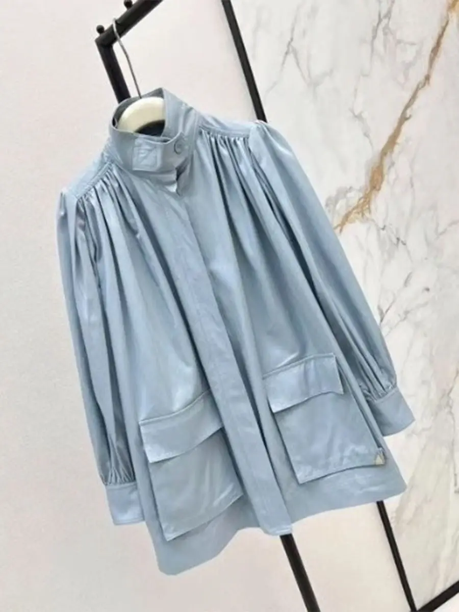 GALCAUR Blauw Gesplitste Plooien Basics Jas Vrouwelijke Revers Lange Mouw Losse Ontwerp Kantoor Dame Damesjassen Mode Herfst Nieuwe