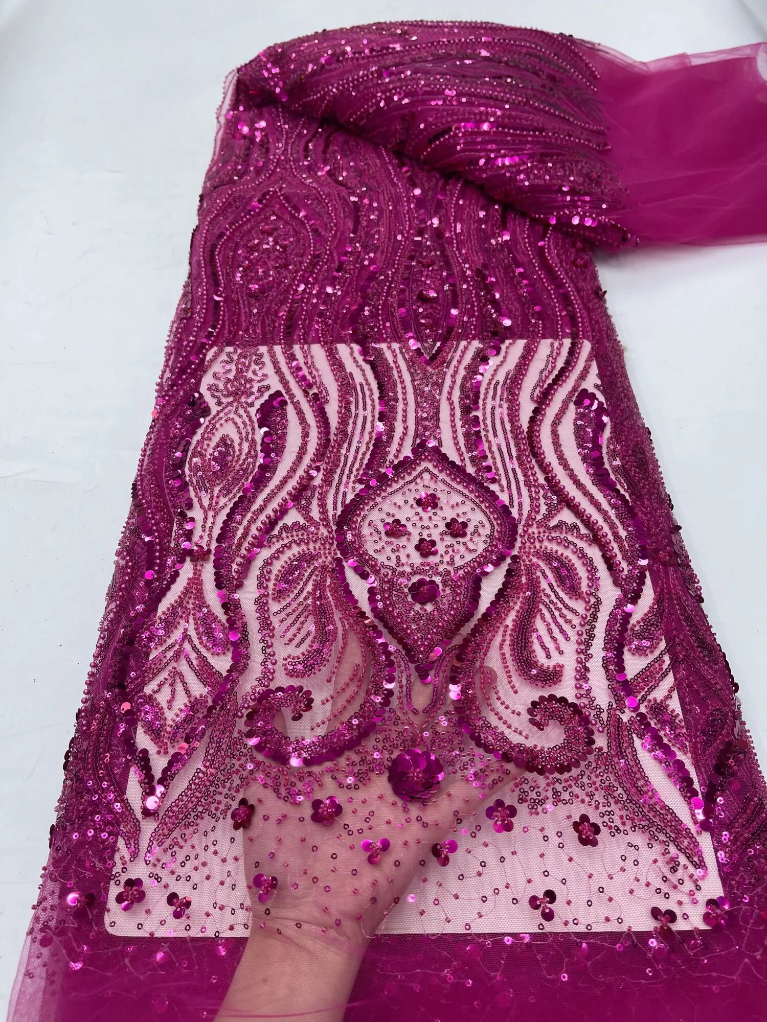 

Sequined Lace Fabric for Wedding Dress, Luxurious African Groom, Pink Beads Embroidery, French Tulle, High Quality, 2024
