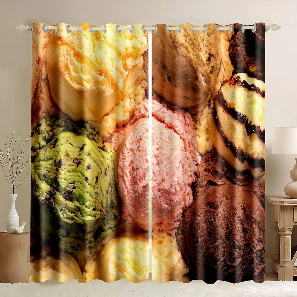 

Шторы для окон с принтом мороженого: конусы, яркие цветные кремовые порции и мороженое на палочке. Затемняющие шторы.