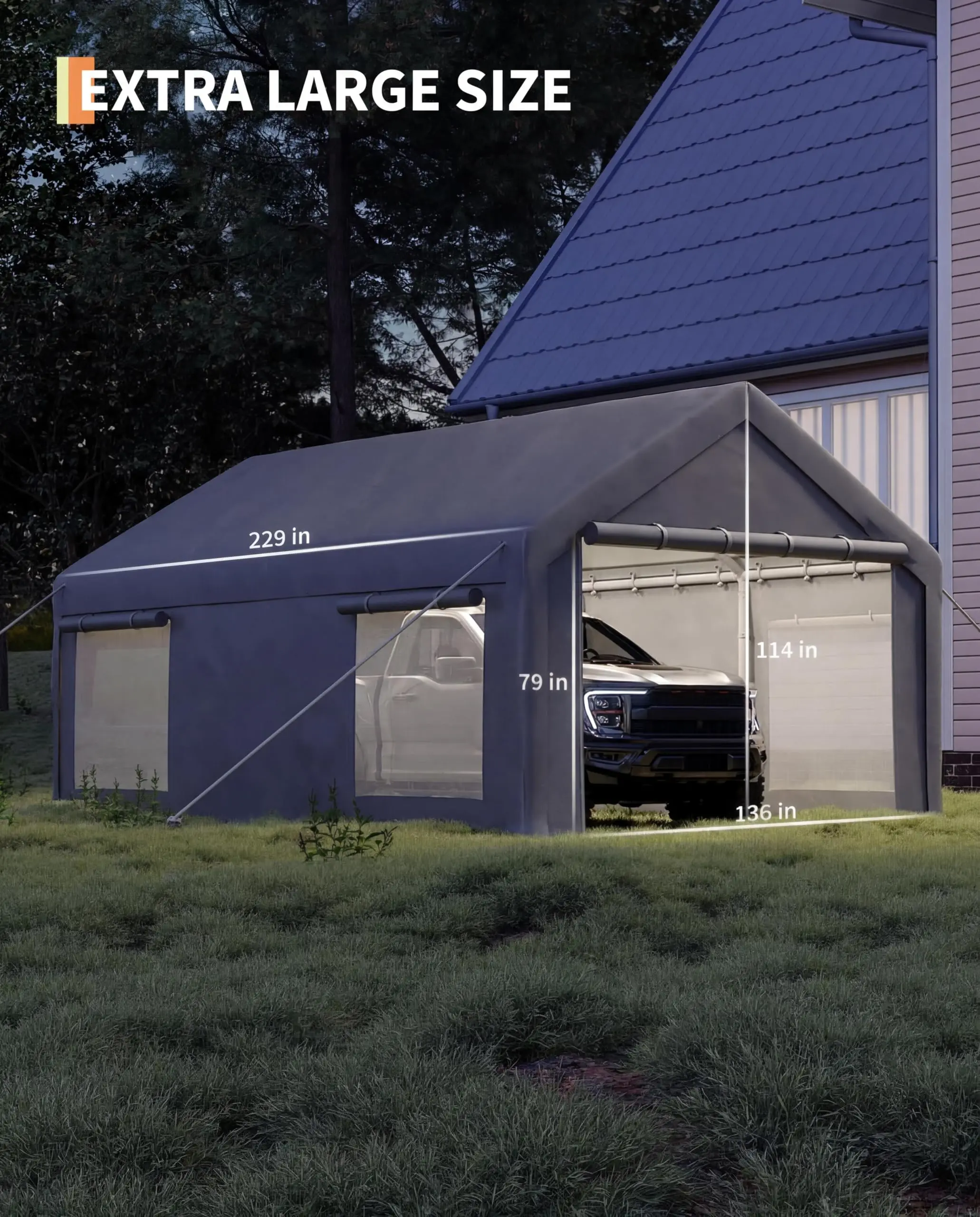 12x20 ft Portable Garage Carport, 200g PE Canopy with 2 Roll-Up Doors & 4 Windows, Multi Use Shelter for Pickups Boats Paint Booth Event