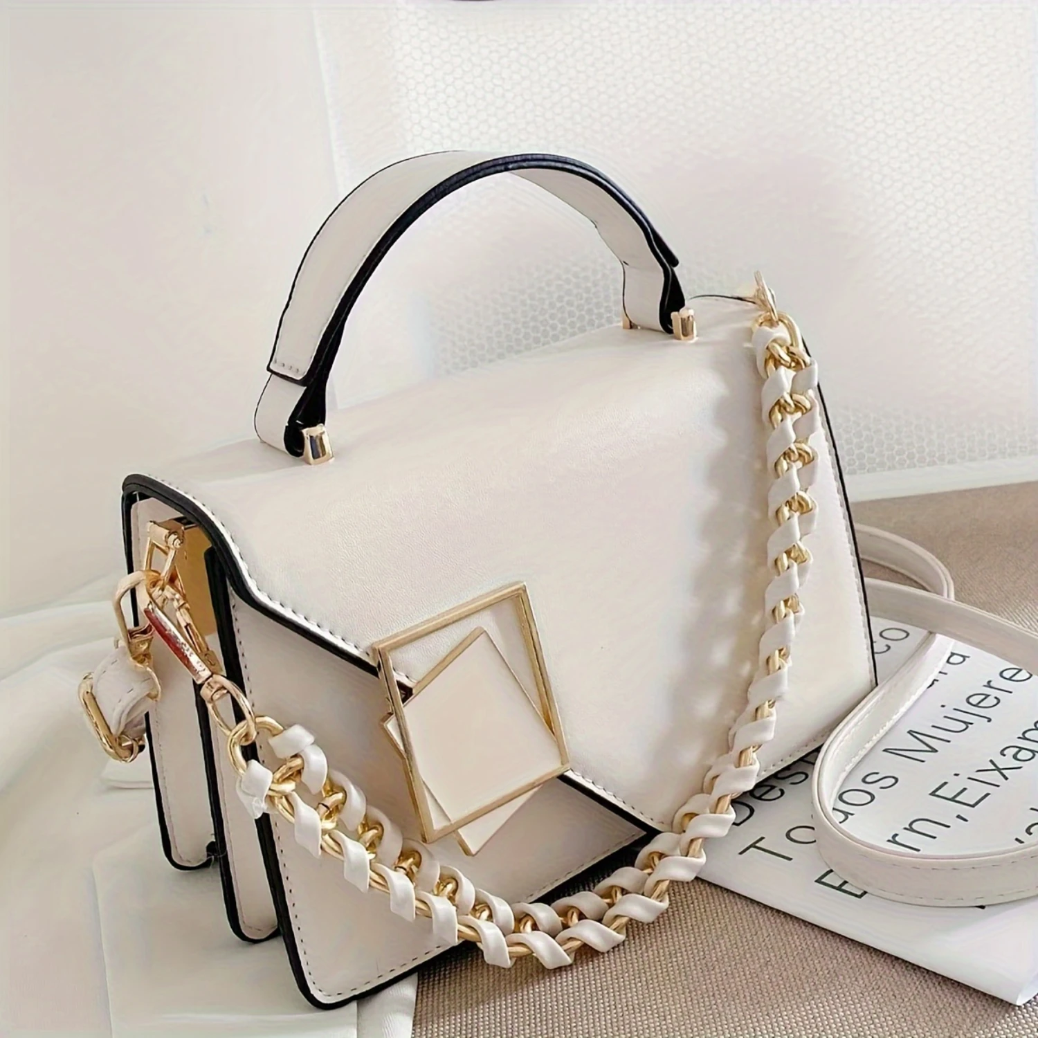 

Square Shoulder Bag, Chain Crossbody Bag, Faux Pearl Handbag & Purse for Women