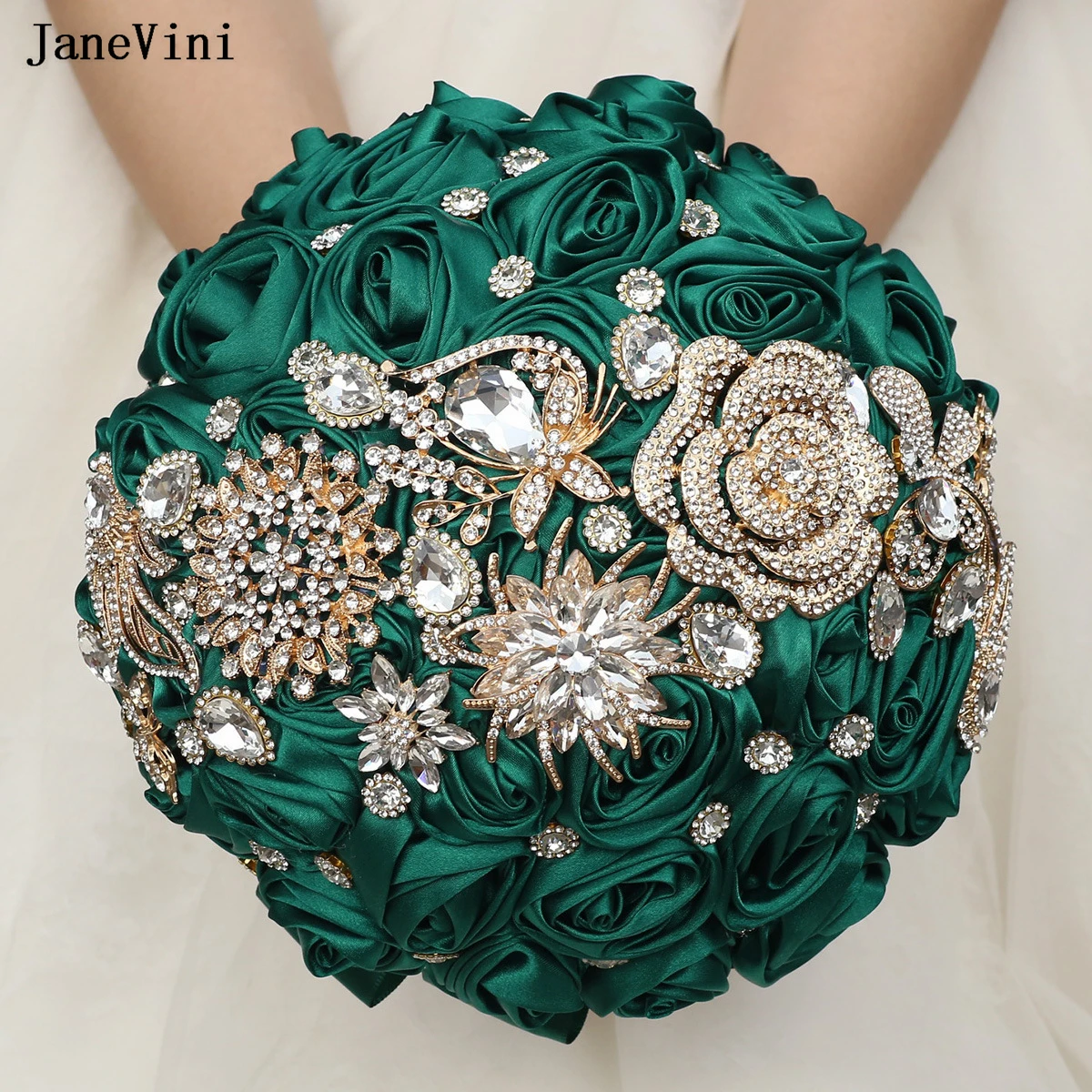 JaneVini-ramos de novia con diamantes de imitación dorados, joyería hermosa, rosas artificiales de satén, verde oscuro, flores de sujeción para novia de boda, 2024