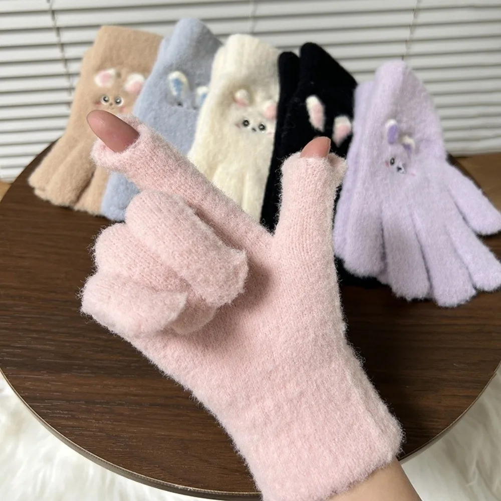 Polyester Full Finger Embroidered Gloves Rabbit Pattern Daily Use One Tip Thick Gloves Cycling Winter Warm Gloves Outdoor Wear