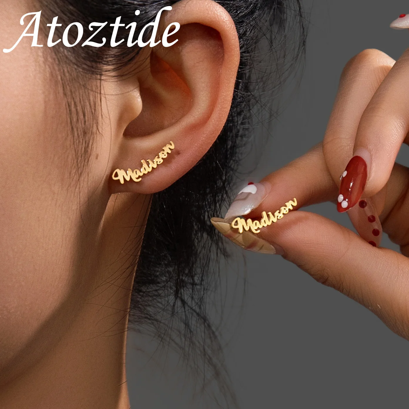 Atoztide Personalized Custom Name Stud Earring for Women Girl Minimalis Nameplate Letter Earring Birthday Christmas Jewelry Gift