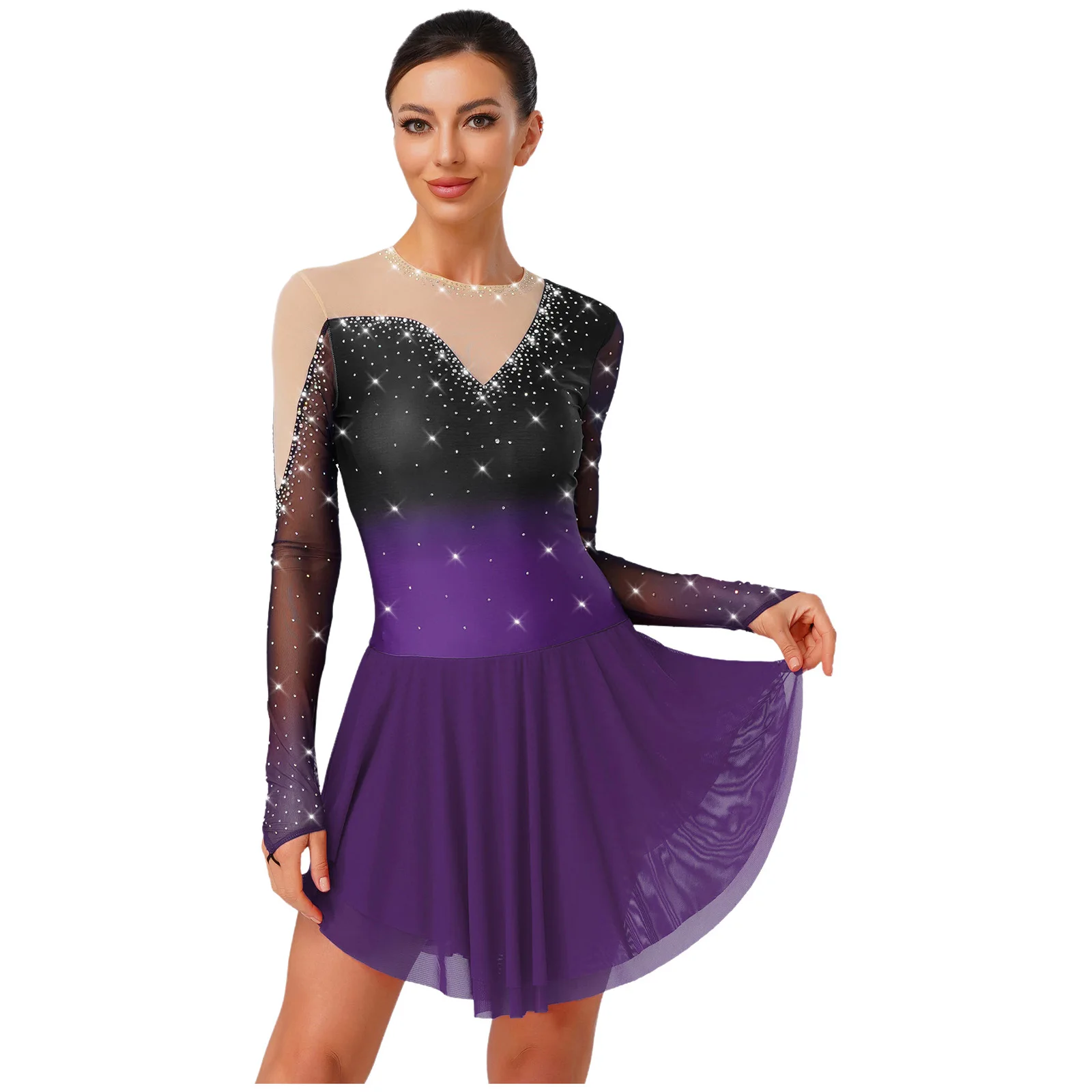 

Womens Sequin Figure Skating Costume Mesh & Patchwork Design with Built-in Briefs Dress for Jazz Ballet Dance Stage Performance