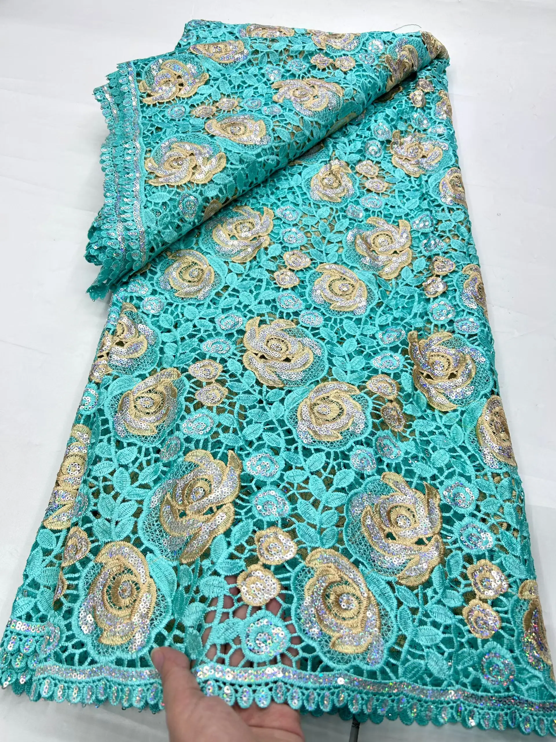 

Новый дизайн, зеленая африканская водорастворимая кружевная ткань с блестками, 2021, высококачественный гипюровый шнур, нигерийская кружевная ткань, шить KHD25184